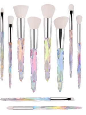 Makeup Brush Set 10 Piece Essential Make-up Brushes Kit for Powder Liquid Cream Cosmetics Blending Blush Concealer Brushes Transparent Plastic Handle (White)