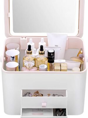 Makeup Organizer Cosmetic Storage Box with Removable LED Mirror 2-Layer Drawers Water-Repellent Skincare Organizers for Bathroom Countertop Dresser (Color : White)