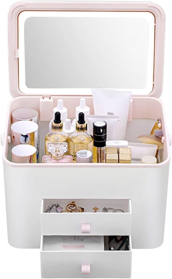 Makeup Organizer Cosmetic Storage Box with Removable LED Mirror 2-Layer Drawers Water-Repellent Skincare Organizers for Bathroom Countertop Dresser (Color : White)