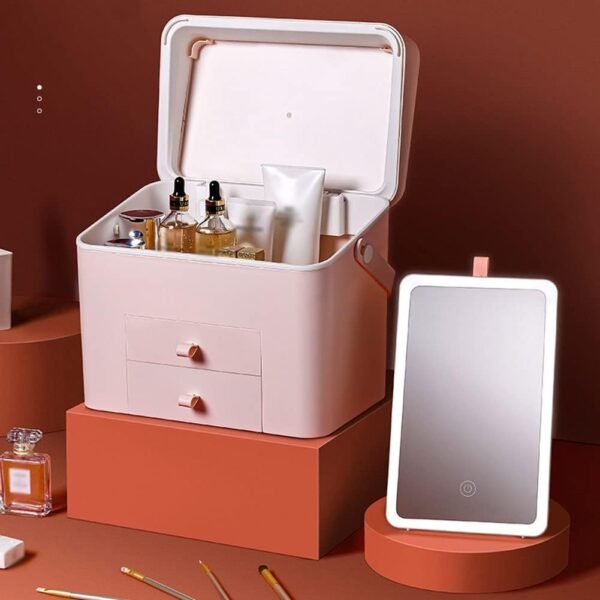 Makeup Organizer Cosmetic Storage Box with Removable LED Mirror 2-Layer Drawers Water-Repellent Skincare Organizers for Bathroom Countertop Dresser (Color : White)