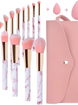 Makeup Brush Set, Professional 12Pcs Pink Marble Makeup Brushes with Foundation Eyeshadow Blush Concealer make up brushes Make Up Bag and