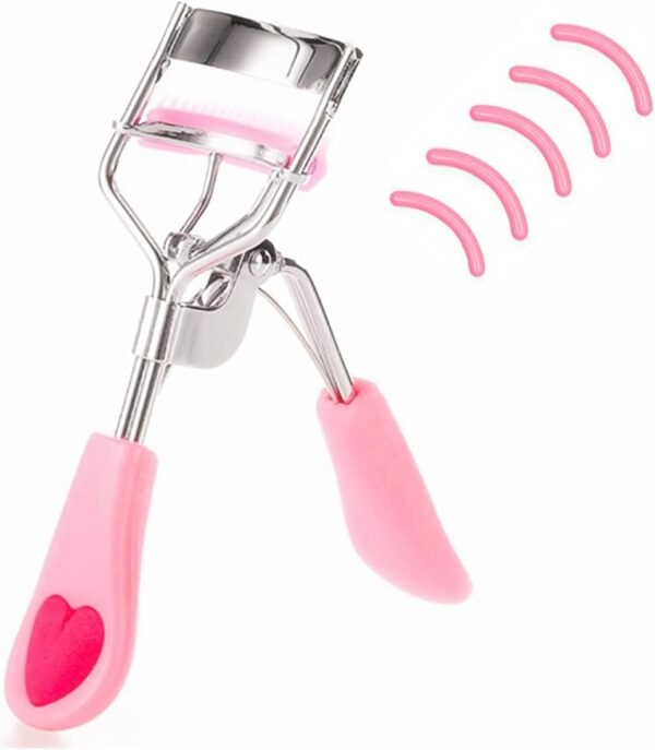 Stainless Steel Eyelash Curler with Built-in Comb Pinch Pain-Free Suitable for Any Eye Shapes and Sizes, with 5 Silicone Refill Pads (Light Pink)