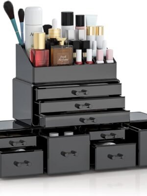 Makeup Organizer 4 Pieces, Acrylic Makeup Storage Box with 9 Drawers for Lipstick Jewelry and Makeup Brushes, Stackable Vanity Organizer for Dresser and Bathroom Countertop, Black