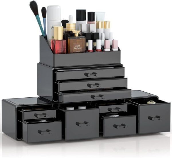Makeup Organizer 4 Pieces, Acrylic Makeup Storage Box with 9 Drawers for Lipstick Jewelry and Makeup Brushes, Stackable Vanity Organizer for Dresser and Bathroom Countertop, Black