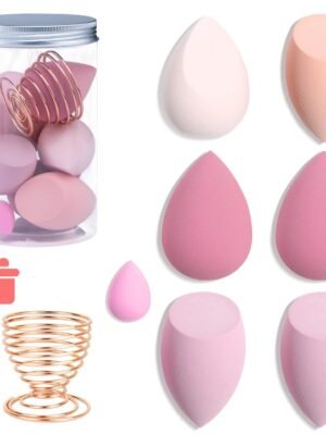 8Pcs Makeup Sponges Set- 7Pcs Beauty Sponge Blenders and 1 Bottle 1 Holder for Blending Foundation, Cream and Powder (Pink, Metal Holder-Can Packaging)