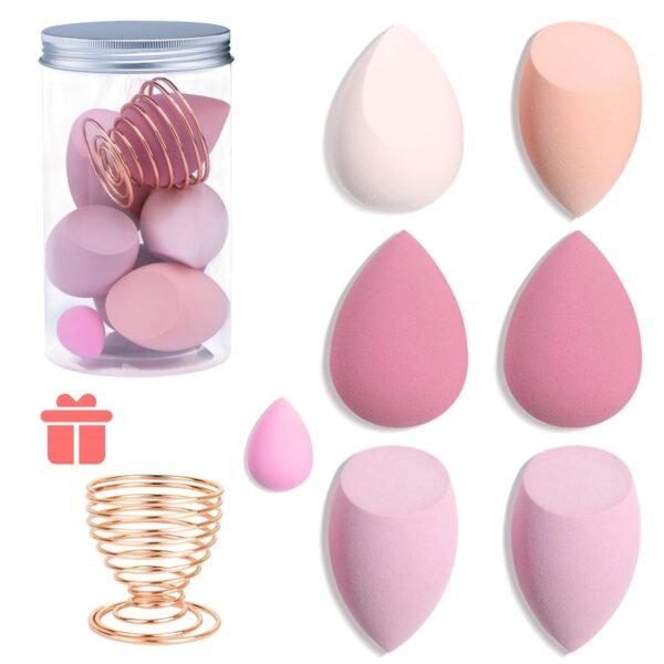 8Pcs Makeup Sponges Set- 7Pcs Beauty Sponge Blenders and 1 Bottle 1 Holder for Blending Foundation, Cream and Powder (Pink, Metal Holder-Can Packaging)