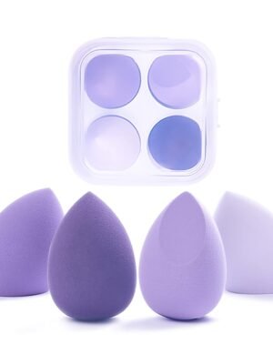 4 Pcs  Sponge Set with Storage Case, Make Up Sponges for Face, Foundation, and Powder with Egg Sponge Blending Holder Box, Multi-Purple Colored