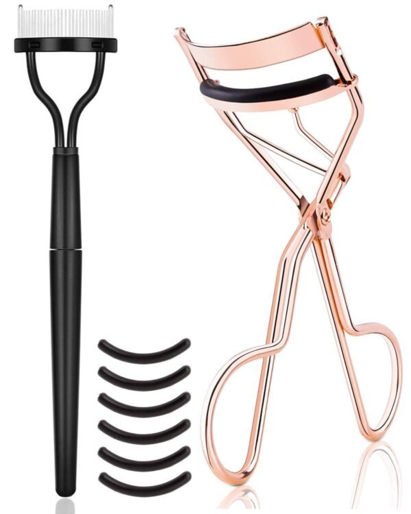 Eyelash Curler Kit Metal Lash Curlers with Mascara Applicator Eyelashes Separator Comb & 6 Replacement Refill Pads (Rose Gold)