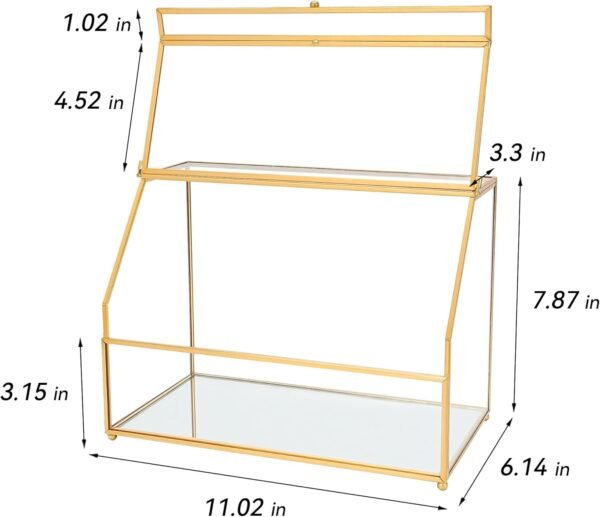 Glass Makeup Organizer Storage Handmade Mirrored Base, Large Capacity Perfume Box with Lid, Glass Display Boxes Clear Cosmetics Organizer Bins for Vanity Skincare Countertop Bathroom, Gold