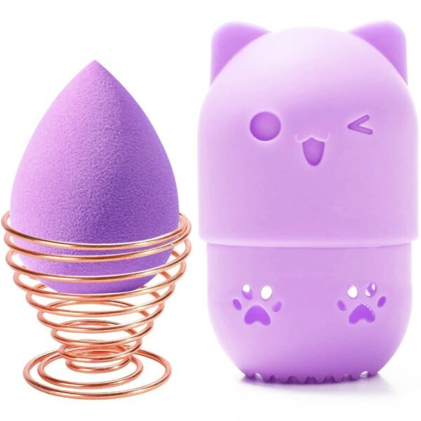 Makeup Sponge Holder, Beauty Sponge Holder + Makeup Blender Travel Case Beauty Sponge Blender Drying Stand & Storage Containers (Pink&Purple)