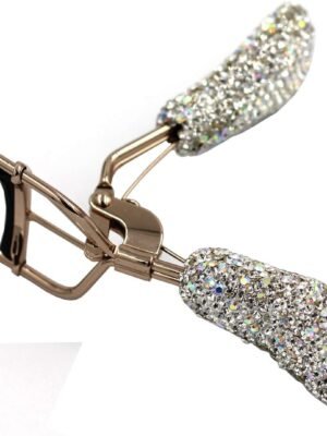 Bling Rhinestones Makeup Eyelash Curler with Refill Silicone Pressure Pads and Spring Loaded for No Pinching or Pulling (Silver)