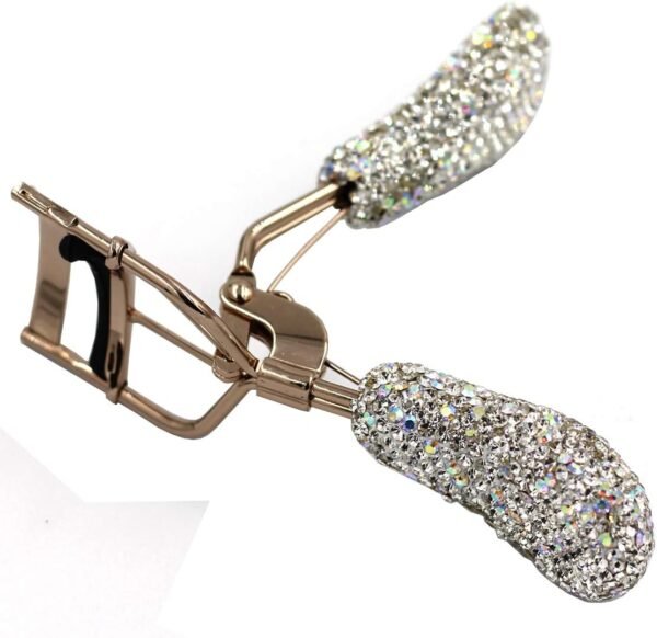 Bling Rhinestones Makeup Eyelash Curler with Refill Silicone Pressure Pads and Spring Loaded for No Pinching or Pulling (Silver)