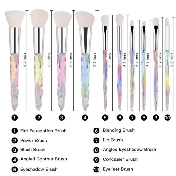 Makeup Brushes Crystal Handle,10pcs Premium Rainbow Color Cosmetic Brush Set for Foundation Powder Blending Eyeshadow Blush Concealer Transparent Handle 3-White