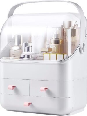 Skincare Organizers Makeup Organizer Holder Beauty Cosmetic Storage Box Large Display Case Dust Free Cover Portable Handle 2 Rroomy Drawers Gift Great For Bathroom Countertop White