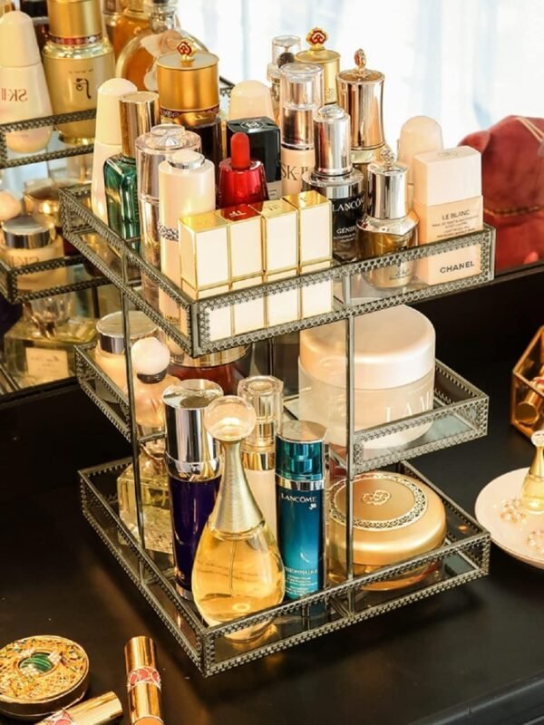 360 Degree Rotation Makeup Organizer Antique Countertop Cosmetic Storage Box Mirror Glass Beauty Display, Gold Spin Large Capacity Holder for Brushes Lipsticks Skincare Toner (Brass)