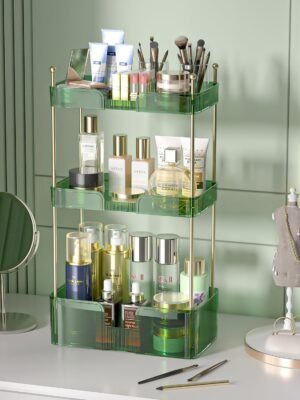 Makeup Organizer - 3 Tier Large Bathroom Counter Organizer - Large Capacity Cosmetics Organizer, Perfume Skincare Care Corner Organizer, Vanity Counter Storage for Bedroom Dresser (Green/Gold)