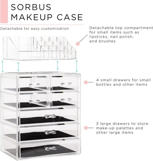 Clear Cosmetic Makeup Organizer - Make Up & Jewelry Storage, Case & Display - Spacious Design - Great Holder for Dresser, Bathroom, Vanity & Countertop (3 Large, 4 Small Drawers)
