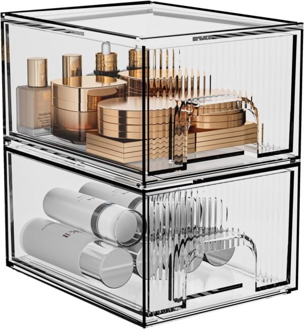 2 Pack Clear Stackable Storage Drawer, Acrylic Drawer, Cosmetic Organizer, Plastic Organizer for Dresser, Under, Kitchen Cabinet, Pantry, Home Organization and Storage