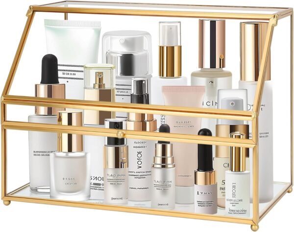Glass Makeup Organizer Storage Handmade Mirrored Base, Large Capacity Perfume Box with Lid, Glass Display Boxes Clear Cosmetics Organizer Bins for Vanity Skincare Countertop Bathroom, Gold