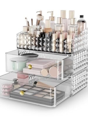 Makeup Organizer for Vanity, Stackable Cosmetics Organizer and Storage, Cosmetic Display Cases with 2 Drawers and 1 Tray for Makeup Brush, Hair Accessories, Lipstick and Jewelry, Clear