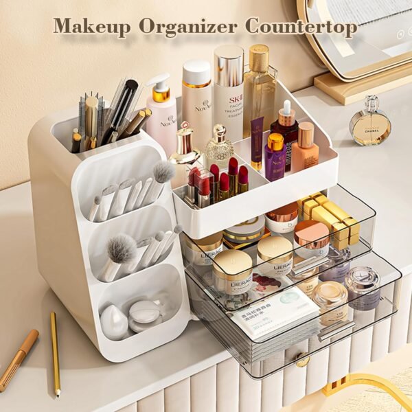 Makeup Organizer And Storage White Large 3 Clear Makeup Drawer Organizer, Organizers Countertop For Vanity Bedroom Tiered Makeup Box Brush Organizer- Bathroom Countertop Organization For Makeup