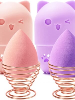 Makeup Sponge Holder, Beauty Sponge Holder + Makeup Blender Travel Case Beauty Sponge Blender Drying Stand & Storage Containers (Pink&Purple)