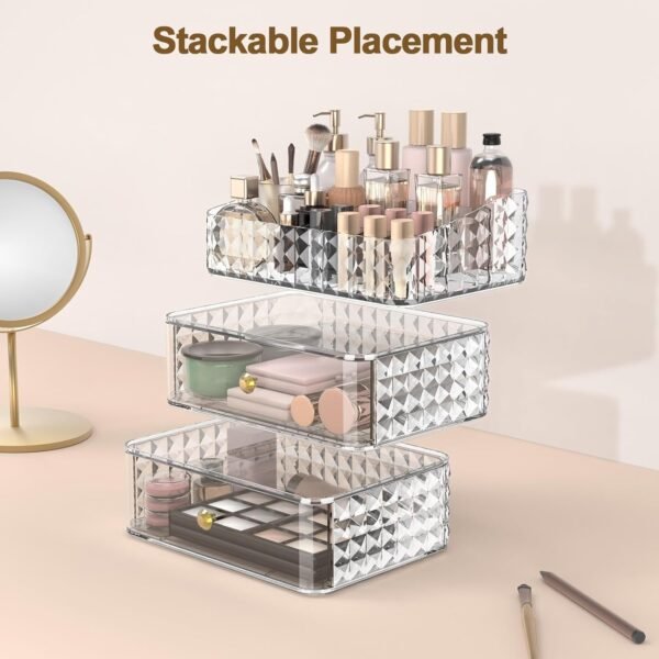 Makeup Organizer for Vanity, Stackable Cosmetics Organizer and Storage, Cosmetic Display Cases with 2 Drawers and 1 Tray for Makeup Brush, Hair Accessories, Lipstick and Jewelry, Clear