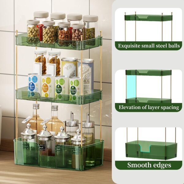 Makeup Organizer - 3 Tier Large Bathroom Counter Organizer - Large Capacity Cosmetics Organizer, Perfume Skincare Care Corner Organizer, Vanity Counter Storage for Bedroom Dresser (Green/Gold)