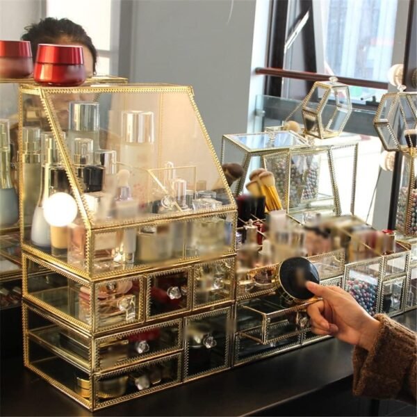 Glass Cosmetic Storage Box Drawers Makeup Organizer Desktop Cotton Swab Lipstick Holder Make Up Organizer Girl Gift