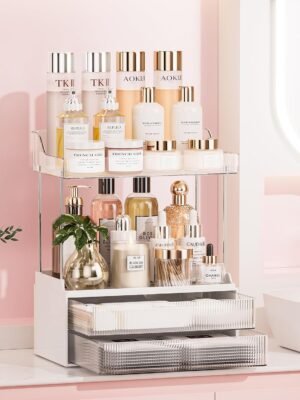 2-Tier 2-Drawer Bathroom Counter Organizer, Elegant Makeup Organizer, Ideal for Present, Easy to Install, Suitable as Bathroom Organizers and Storage, Vanity and Countertop Organizer, Clear