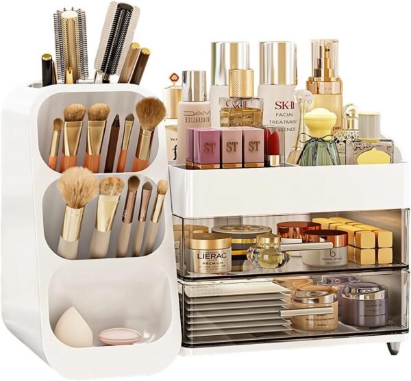 Makeup Organizer And Storage White Large 3 Clear Makeup Drawer Organizer, Organizers Countertop For Vanity Bedroom Tiered Makeup Box Brush Organizer- Bathroom Countertop Organization For Makeup