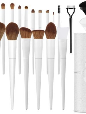 Makeup Brushes With Case 20PCs Professional Makeup Brush Set, Foundation Powder Eyeshadow Brush Set Eyebrow Concealer Contour Travel Brushes Kit with Holder & 2 Powder Puff-White