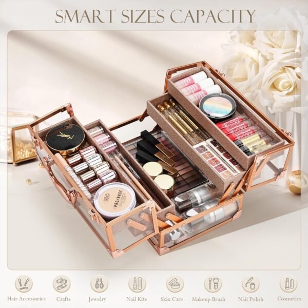 Makeup Train Case 11.8 INCH Cosmetic Storage Box Acrylic Makeup Organizer Portable 4 Trays Makeup Display Case for Stylist Makeup Artist Craft Traveling Case Organizer Rose Gold