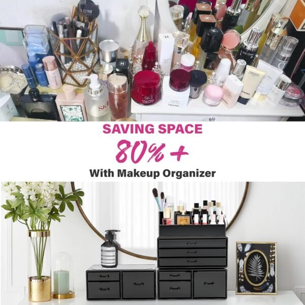 Makeup Organizer 4 Pieces, Acrylic Makeup Storage Box with 9 Drawers for Lipstick Jewelry and Makeup Brushes, Stackable Vanity Organizer for Dresser and Bathroom Countertop, Black