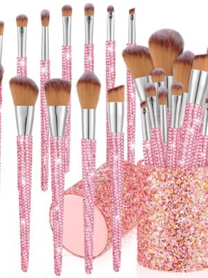 13 Pcs Rhinestone Makeup Brushes Set  Professional Face Cosmetics Blending Liquid Foundation Powder Concealer Eye Shadows Make up Beauty Tool Glitter with Holder (Pink, Yellow)