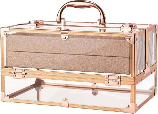 Makeup Train Case 11.8 INCH Cosmetic Storage Box Acrylic Makeup Organizer Portable 4 Trays Makeup Display Case for Stylist Makeup Artist Craft Traveling Case Organizer Rose Gold